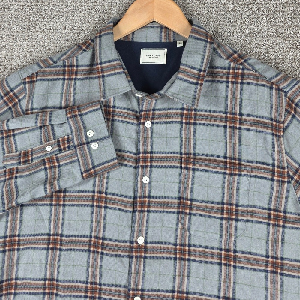 7 Diamonds Harry Flannel Mens XL Plaid‎ Button Down Shirt Blue Brown Long Sleeve